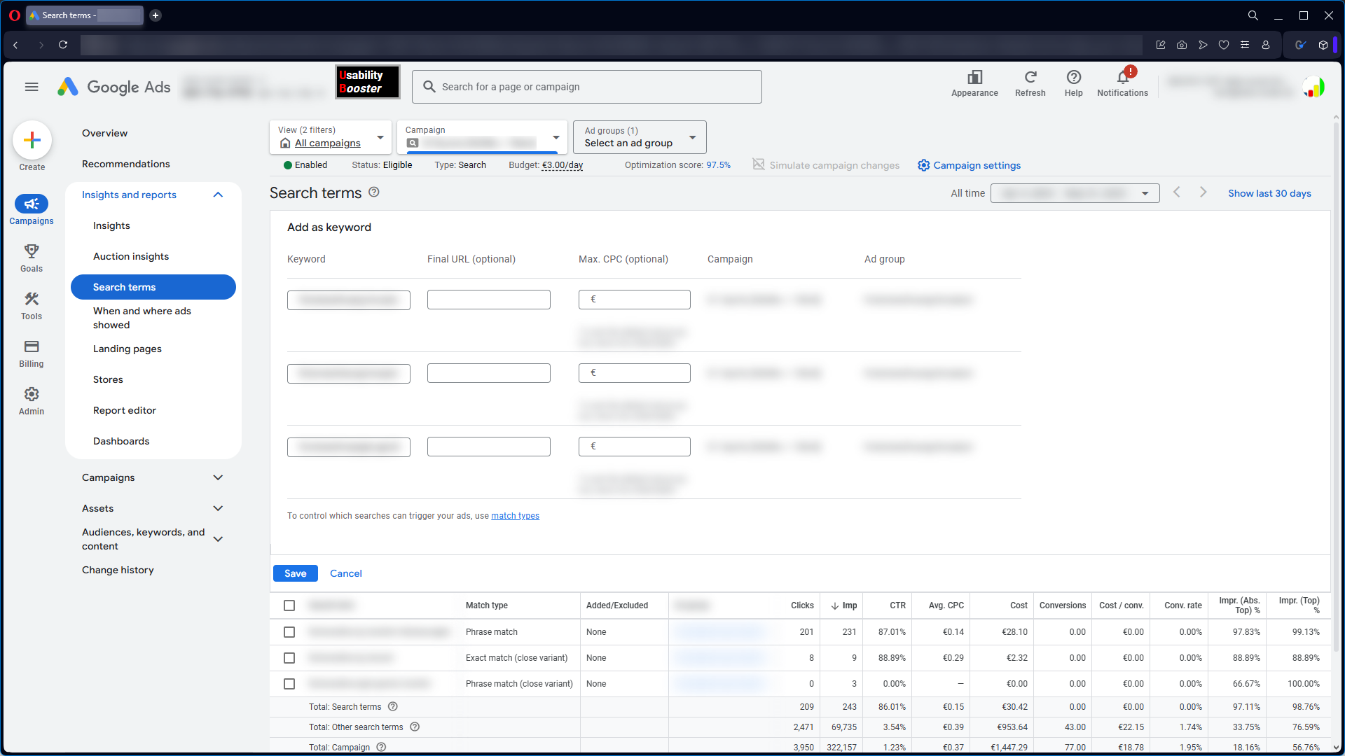 Gooogle Ads original add keywords user interface