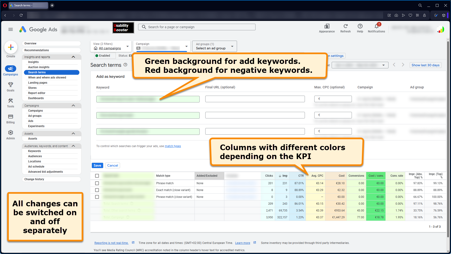 Gooogle Ads add keywords page with browser extension Usability Booster