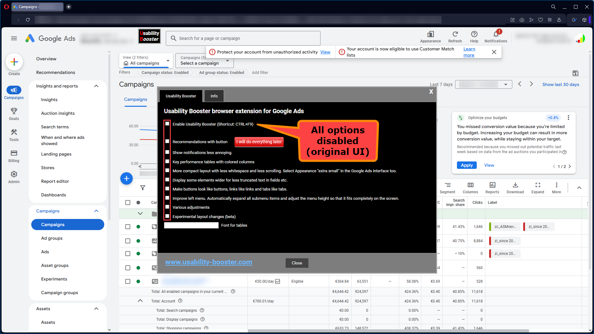 Gooogle Ads original campaigns user interface