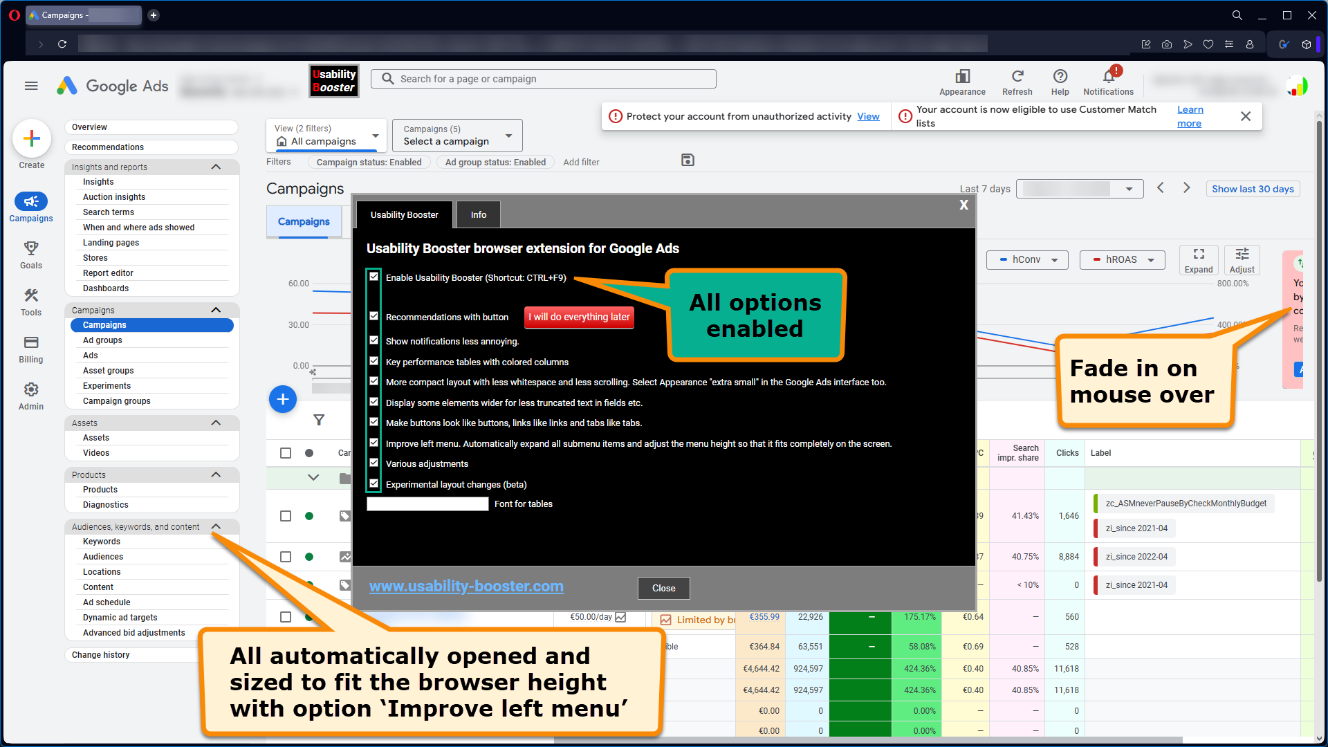 Gooogle Ads campaigns page with browser extension Usability Booster