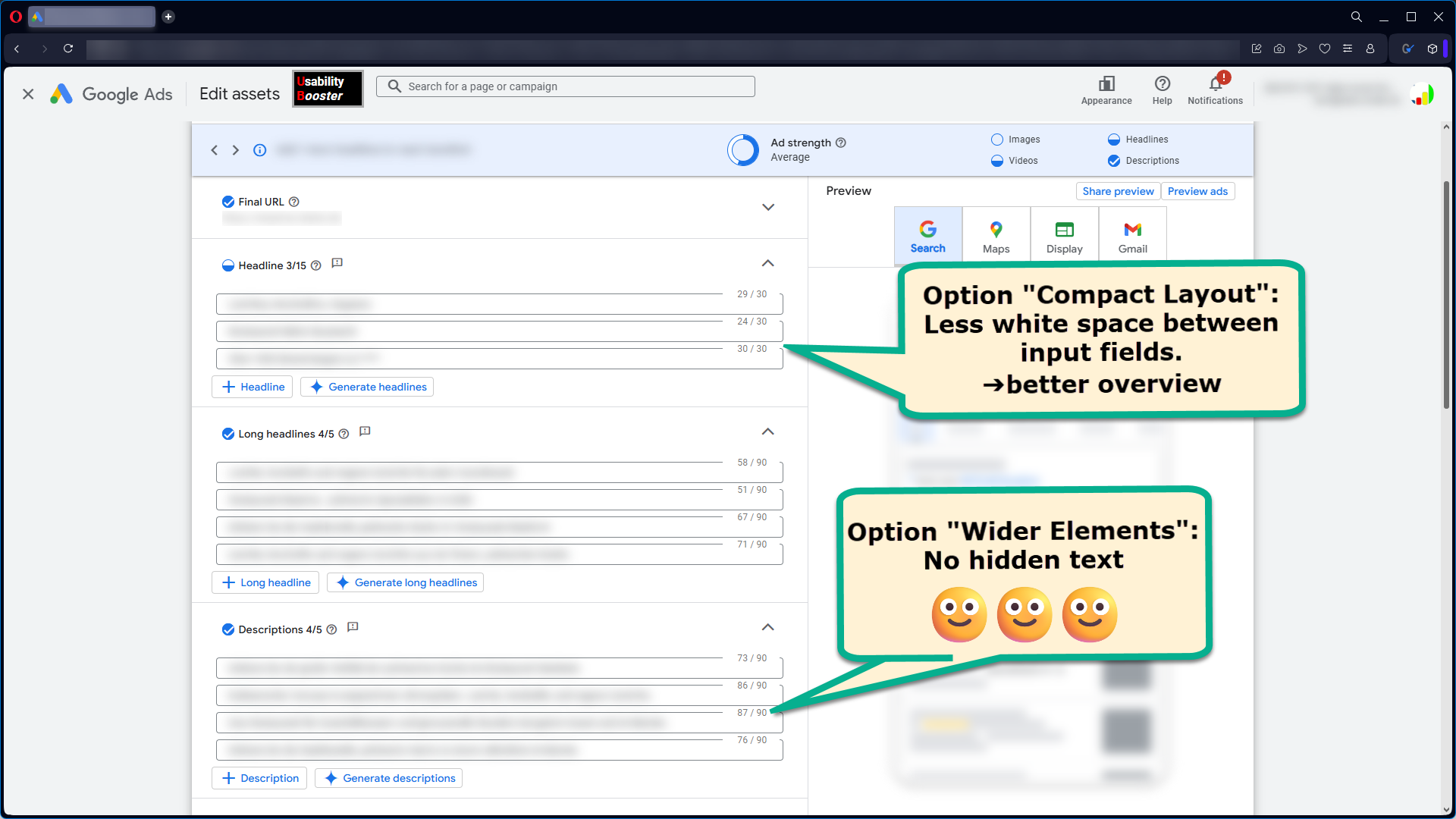 Google Ads performance max asset group edit page with browser extension Usability Booster
